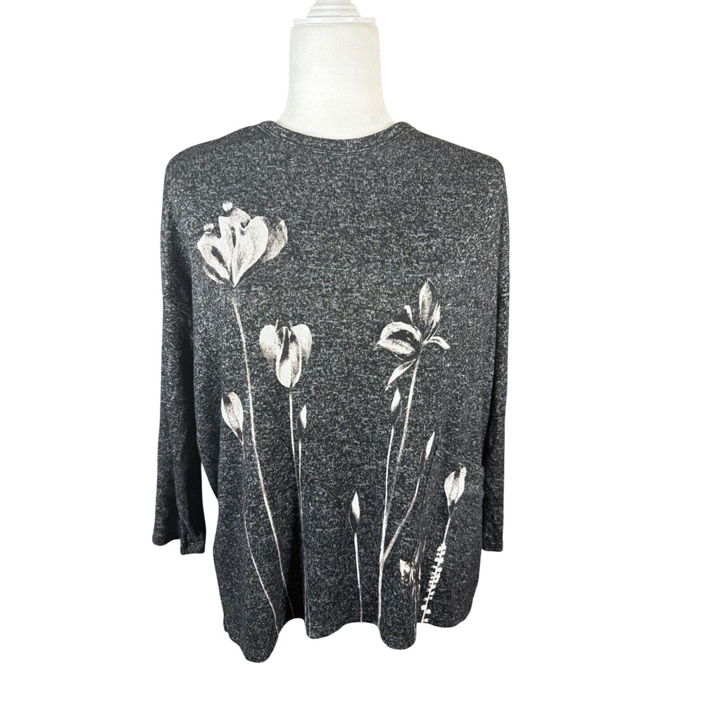 Jess & Jane Top Womens M GB1-000 Charcoal Grey Floral Side Pocket Made in USA